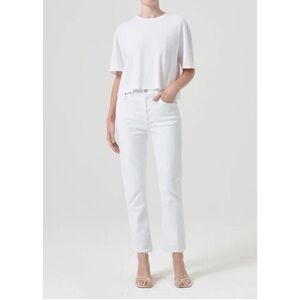 Agolde Riley High Rise Straight Crop Stretch Jeans in Sour Cream Size 28